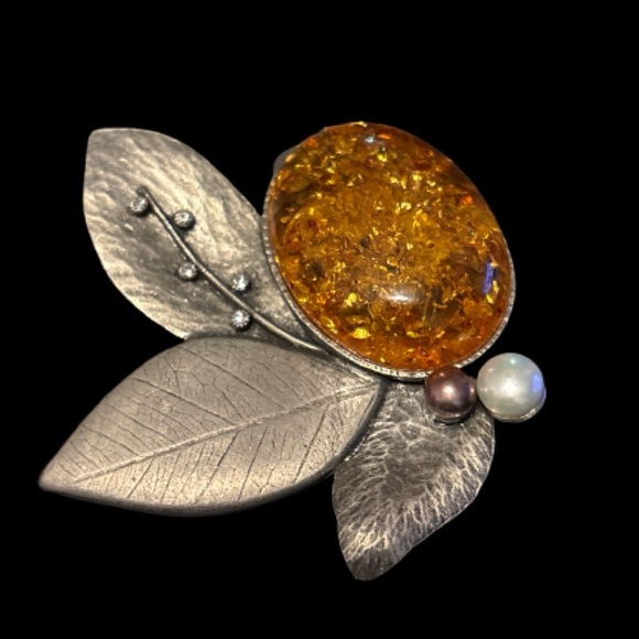 “LAGUNA” signed Silver Leaf Brooch with Honey Amber Stone - Picture 6 of 12